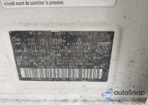 2011 Subaru Outback 2.5I Premium z USA, uszkodzony, nr VIN 4S4BRCCC6B3373174